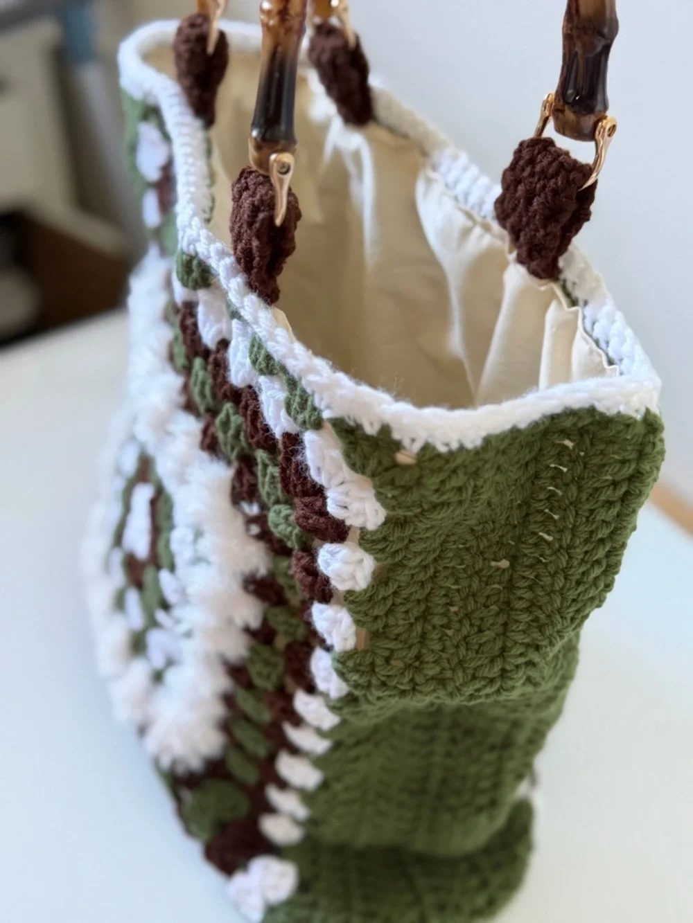 Tote Square Crochet Bamboo Handles Olive Brown Cream Boho Chic Purse